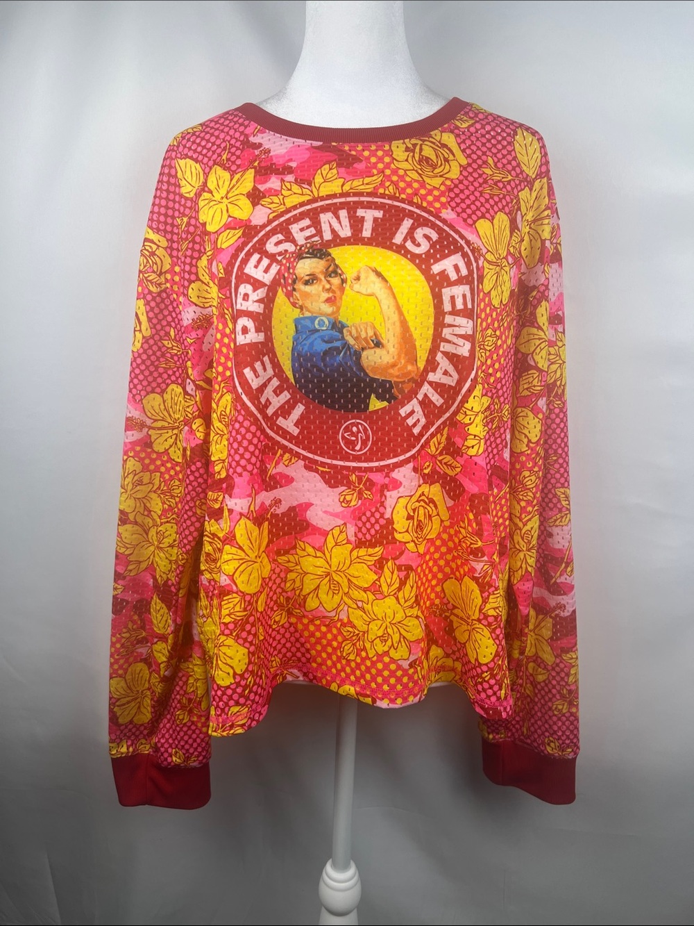 Zumba Wear The Present Is Female Oversized Mesh Long Sleeve Top Pink Red XXL